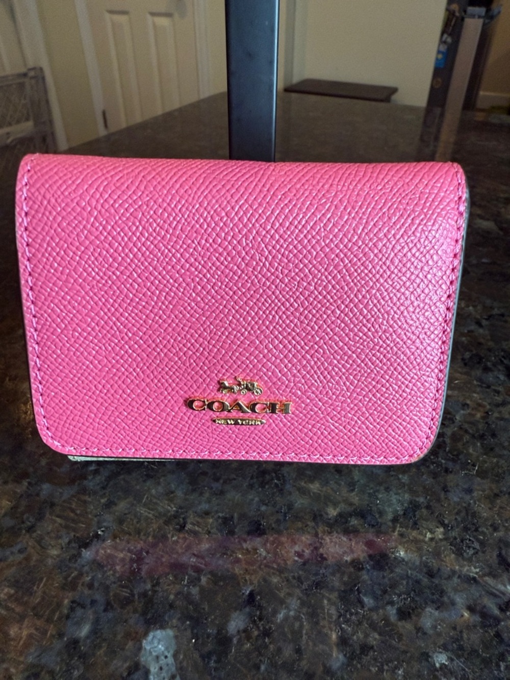 Coach Pink Textured Leather Compact Wallet with Gold Logo